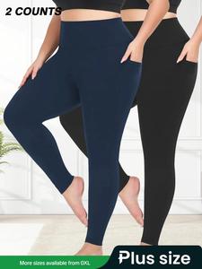 【Plus Size】 Solid High Waist Pocket Leggings, Casual Comfy Breathable Skinny Pants for Daily Wear, Women's Bottoms for All Seasons