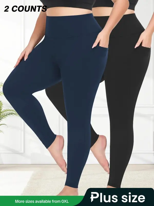 【Plus Size】 Solid High Waist Pocket Leggings, Casual Comfy Breathable Skinny Pants for Daily Wear, Women's Bottoms for All Seasons 0