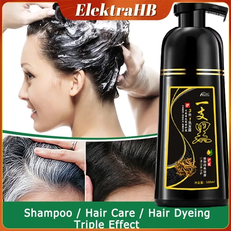 500 mL Shampo Rambut Hitam Alami Pewarna Rambut Profesional 3-In-1 Mencuci / Menutrisi / Mewarnai Rambut Abu-Abu Rambut Putih Berubah Menjadi Hitam