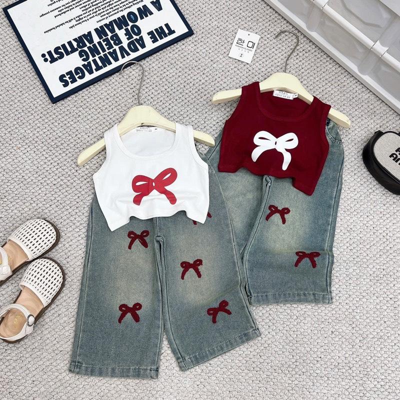  TENGTENG KIDS - 14 - SET ÁO SÁT NÁCH QUẦN THÊU DÀI THÊU NƠ MÀU PASTEL XINH IU CHO BÉ 