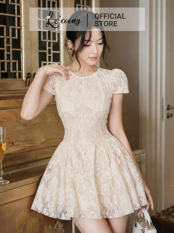 Váy Thiết Kế Tay Con Ren Hoa LECOONG V886 Váy Đẹp Màu Be Xòe Bồng Sang Chảnh