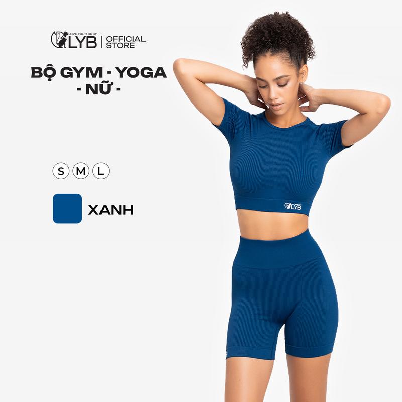 LYB - Bộ đồ tập gym yoga nữ dệt kim, quần legging đùi, áo bra thể thao tay ngắn, không mút, màu xanh