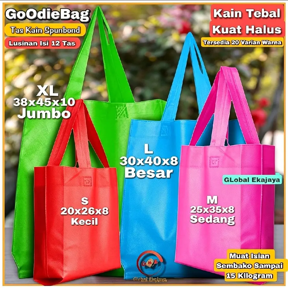 Lusinan Isi 12 Tas Belanja Kain Spunbond Goodie Bag Handle Lipat Samping Ukuran Sedang Besar 20x26x8 ,  25x35x8 , 30x40x8 , 38x45x10 cm,  Kantong Godybag, Bingkisan Souvenir Ulang Tahun / Pernikahan, Sembako , Syukuran , Tote Bag Paperbag Hajatan Karakter