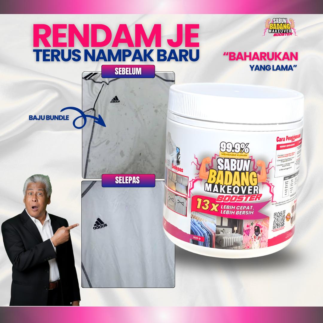 Sabun Badang Makeover Booster Cleaner Multifunction Serbuk Viral Hilangkan Kotoran Degil Tahi Lalat Fabrik Warna Luntur Watercolour Darah Minyak Baju Putih Sekolah Telekung Kereta Kuali Kasut Periuk Sofa Beg Bundle Tudung Karpet Basuh Cuci Rendam