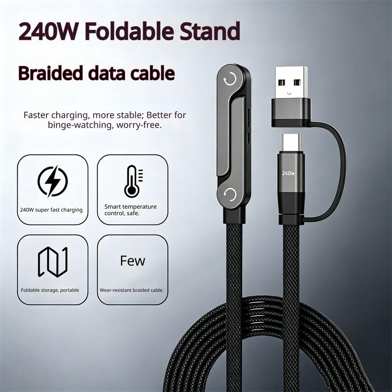 Cáp dữ liệu sạc nhanh 240W USB‑A/Type‑C 2 trong 1 với giá đỡ điện thoại đa năng, cáp sạc nhanh USB kèm giá đỡ có thể điều chỉnh, dây bện, phù hợp cho iphone và điện thoại/máy tính bảng huawei, dùng khi chơi game, không che phủ tay.