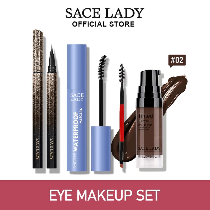 SACE LADY bộ trang điểm mắt Kẻ mắt bằng mực Mascara không thấm nước Gel kẻ mày cọ vẽ chân mày 4 miếng