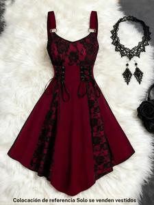 Vestido de encaje gótico para mujer con patchwork, sin mangas y atado en la cintura; vestido de fiesta estilo vintage para todas las estaciones, perfecto para amantes del estilo gótico