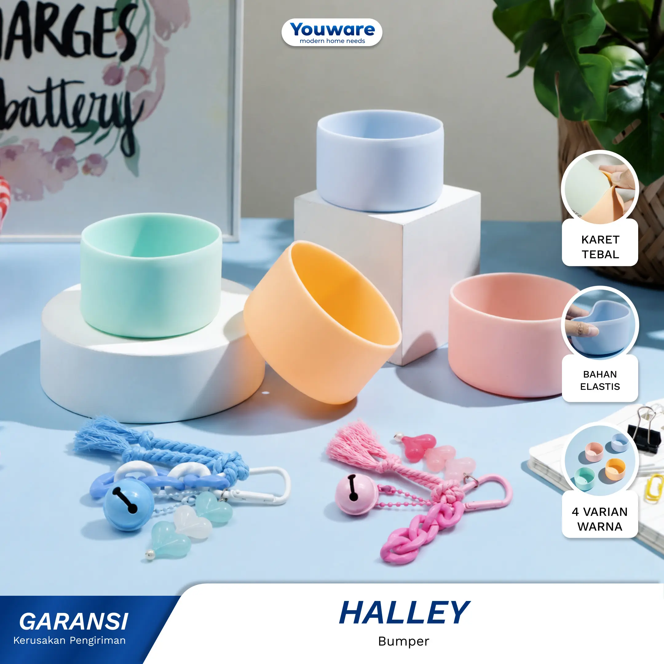 Youware - Halley Bumper Tumbler DIameter 7.3 cm / 73 mm Pelindung Bawah Botol dari Benturan / Anti Lecet / Anti Baret Desain Warna Pastel Elegan Polos Tinggi 4 cm