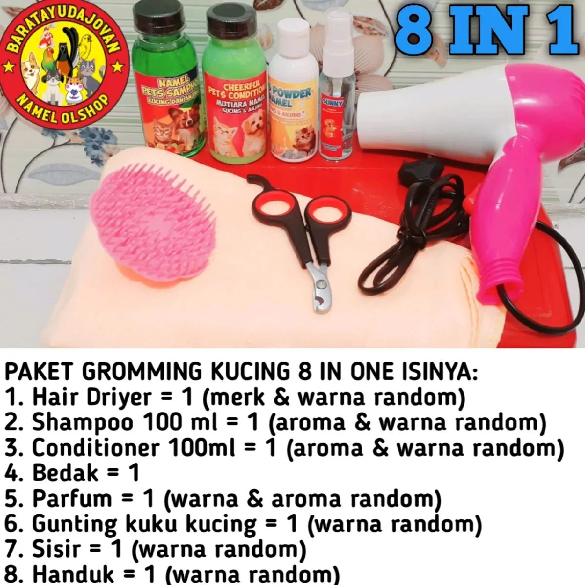 PAKET GROMMING KUCING DAN ANJING 8 IN 1 MURAH LENGKAP HAIR DRIYER SHAMPHOO CONDITIONER BEDAK PARFUM SISIR BULAT GUNTING KUKU HANDUK