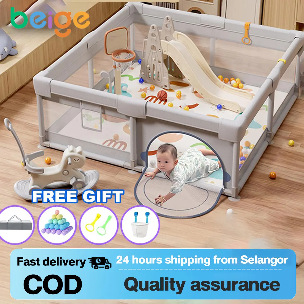 COD Beige Baby Playpen Children Pagar Baby Safety Baby Playpen Fence Activity Center Game Sturdy Guard Pagar Baby Playmat