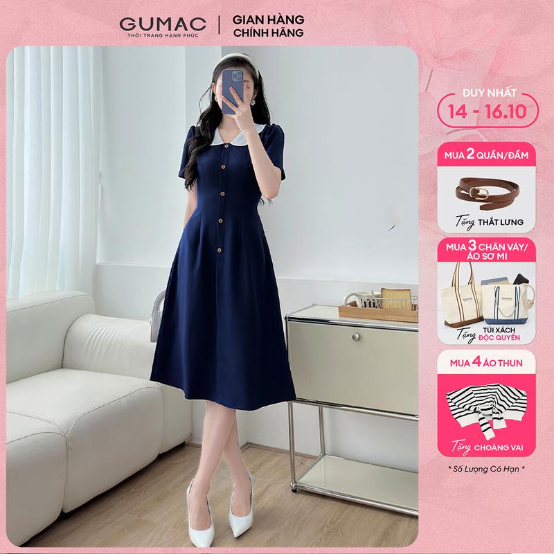 [MUA 2 TẶNG THẮT LƯNG] Đầm nữ dáng A xòe phối bâu trắng đính nút xanh đen tôn dáng sáng da thời trang GUMAC LDD1214