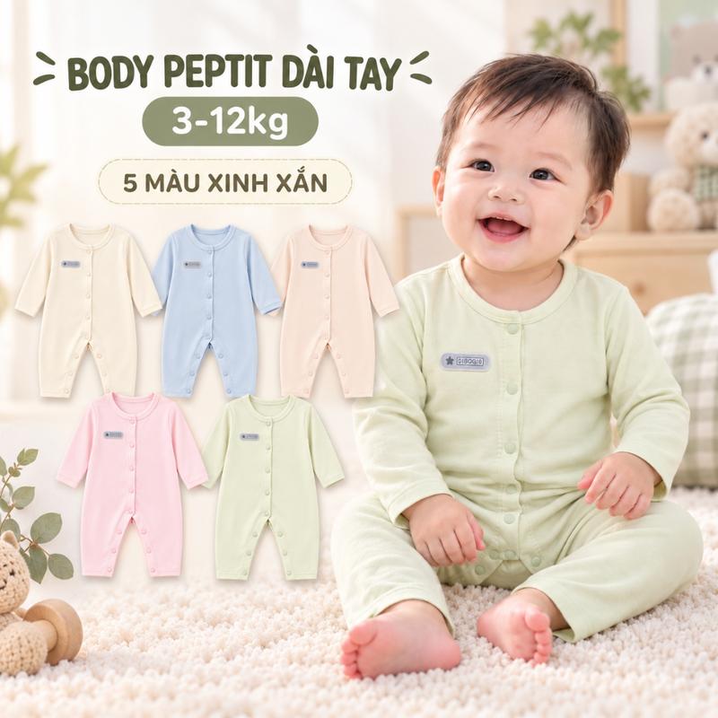 Bộ áo liền quần dài tay dành cho trẻ em 0-2 tuổi ( Chiều cao dưới 86 cm), chất liệu vải cotton-peptit BD14