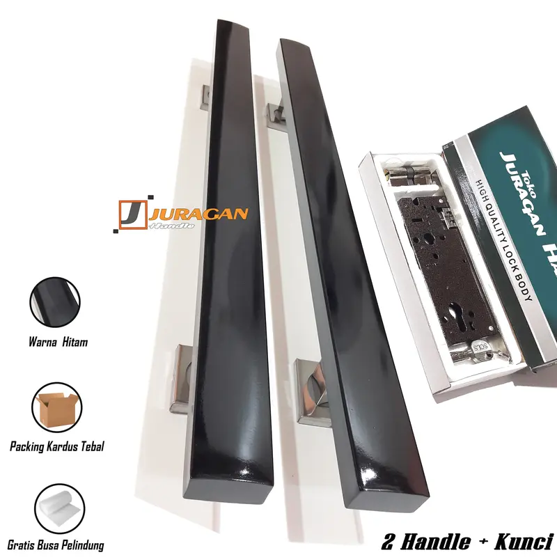 Gagang Pintu Hitam Besar Panjang 60 cm - Paket Handle Set Kunci Pelor - Tarikan Pintu Elegan Modern Mewah 2