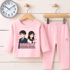 Setelan Baju Tidur Piyama Anak Perempuan Motif Sakura School Simulator Lengan Panjang Celana Panjang 3-10 Tahun Bahan Poliester Adem Lembut Sablon DTF Tidak Luntur