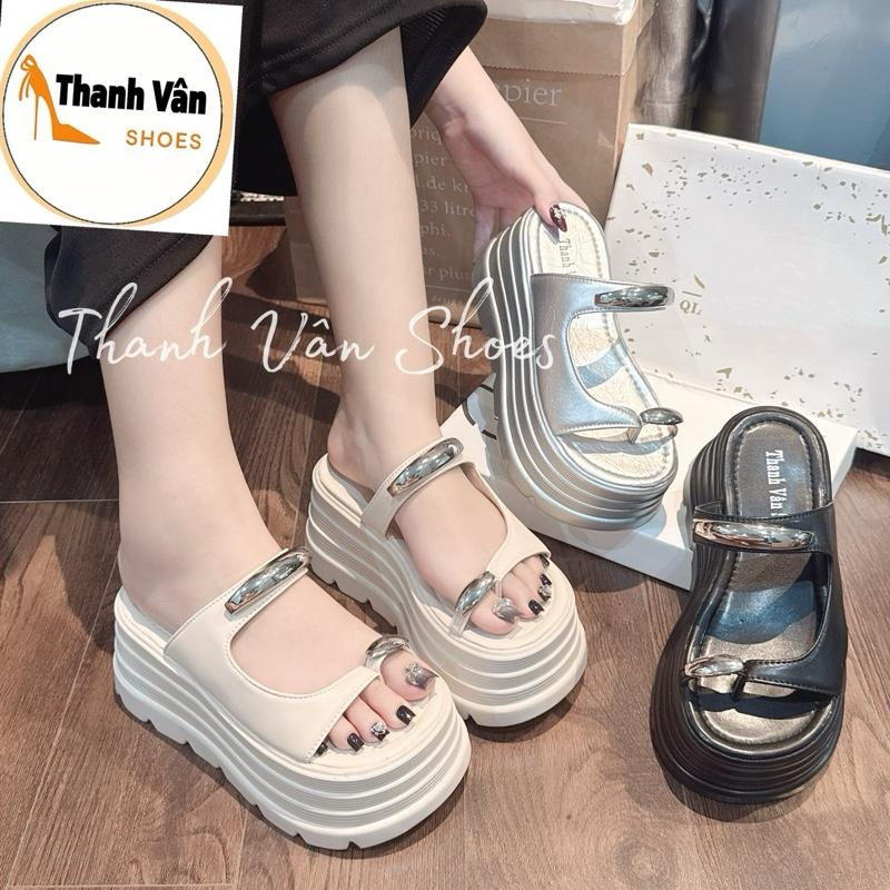 ￼Dép bánh mì nữ bản ngang 2 quai khoá cao 9 phân nhẹ xinh( D0341)