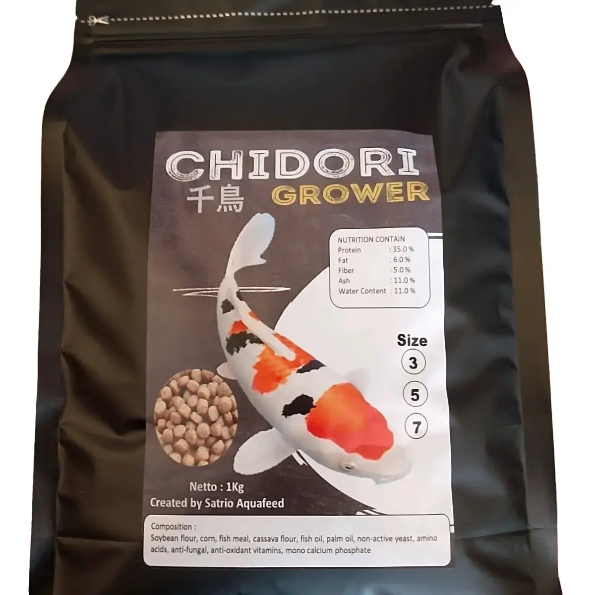 Pelet Ikan Koi Premium Chidori grower Protein Tinggi 35% untuk Pertumbuhan Cepat - 1kg