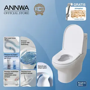ANNWA Closet Duduk Kloset Duduk Toilet Keramik Full Cover 360° Anti Bau Water Seal 55mm Dual Flush 3.2L/4.8L Soft Close Seat Putih Klasik