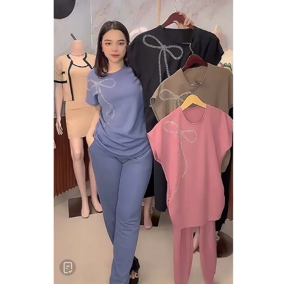 CO.Setelan Celana Wanita Melvina Permata Pita Lengan Pendek -  Baju Dewasa