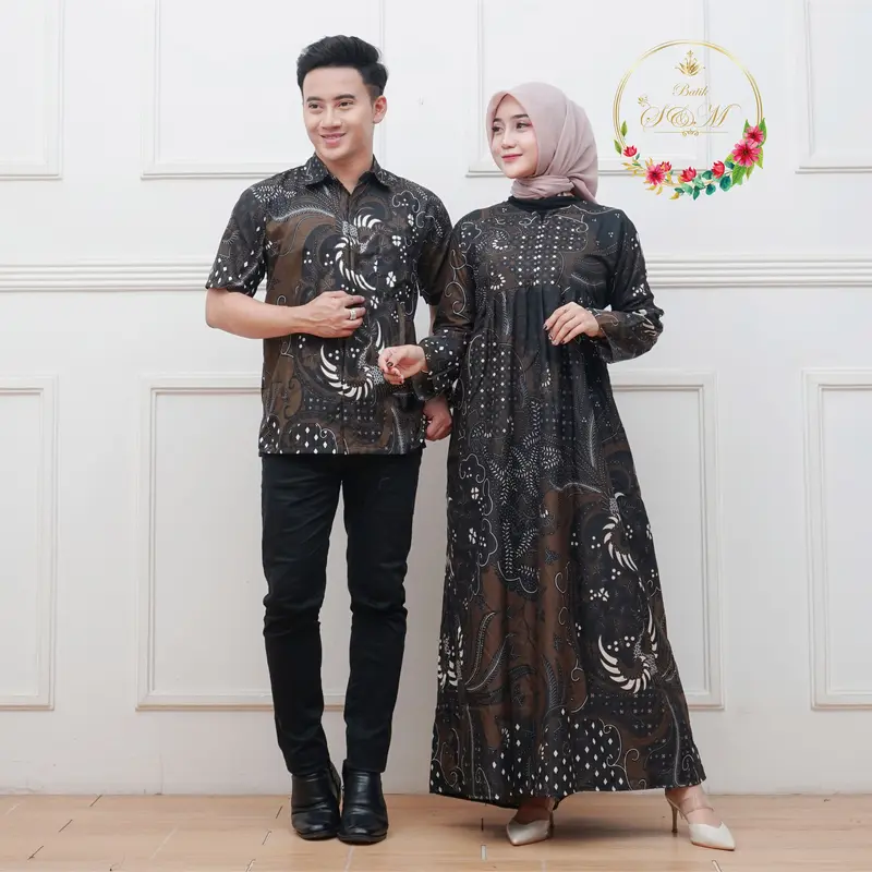 Harga sepasang Baju Pria Wanita Cuople Batik Kekinian 1 Paket Kemeja dan Gamis Sarimbit Polyester Super Premium Modern Pakaian Setelan Kondangan Pesta Muslim Pasangan 5