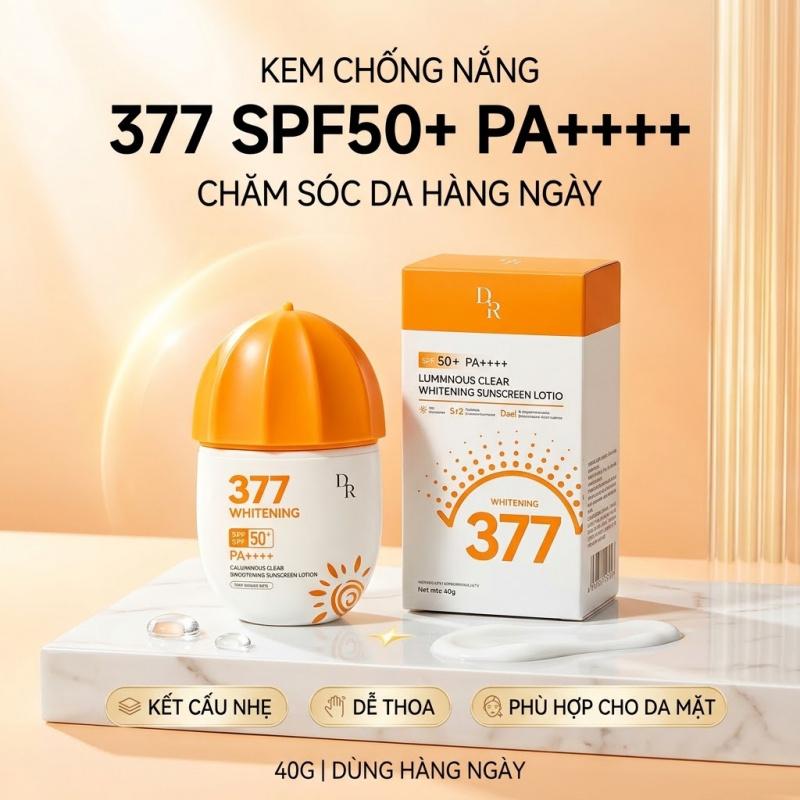 Kem Chống Nắng 377 SPF50+ PA++++ 40g| Kem Chống Nắng Da Mặt Kết Hợp Dưỡng Da| Kết Cấu Nhẹ, Dễ Thoa, Sử Dụng Hàng Ngày