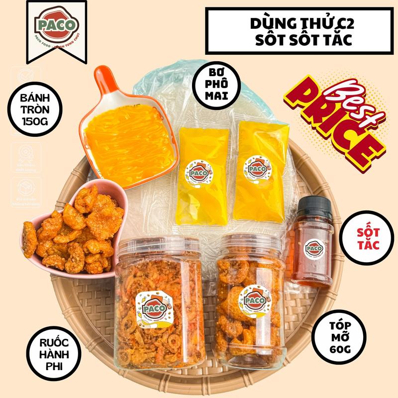 [ NÊN THỬ PACO] Set Bánh Tráng Phơi Sương C2 Dùng Thử đầy đủ topping nhà Paco Food Gồm 1 sấp bánh tráng 1 hủ ruốc hành phi 1 hủ tóp mỡ 2 túi bơ phô mai 1 chai sốt kèm Sốt Tắc