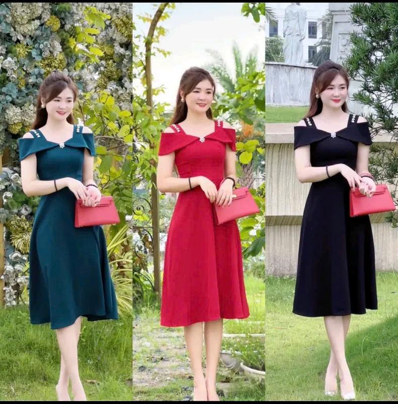 Có Bigsize - Đầm Xòe Nữ Thiết Kế Đơn Giản Trẽ Vai Đính Đá, Sang Trọng Thích Hợp Đi Làm, Đi Chơi, Dự Tiệc, cho Nữ Dress Nữ