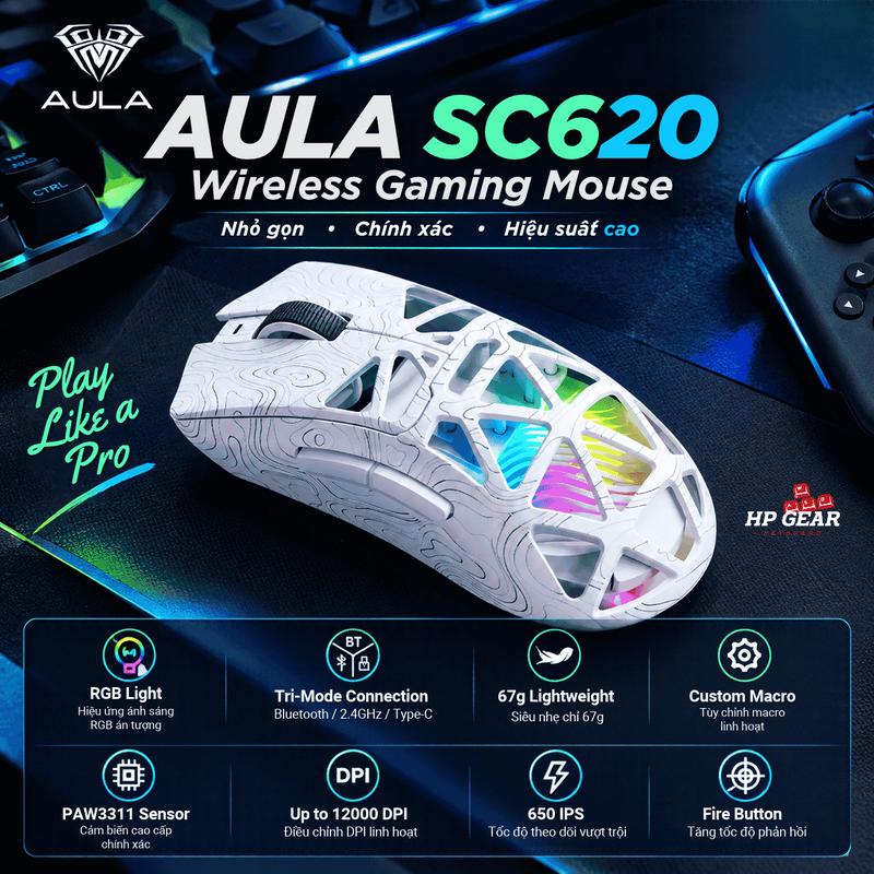 Chuột Gaming Không Dây AULA SC620 RGB 3 Mode Bluetooth 2.4GHz Type-C Siêu Nhẹ 67g PAW3311 12000 DPI