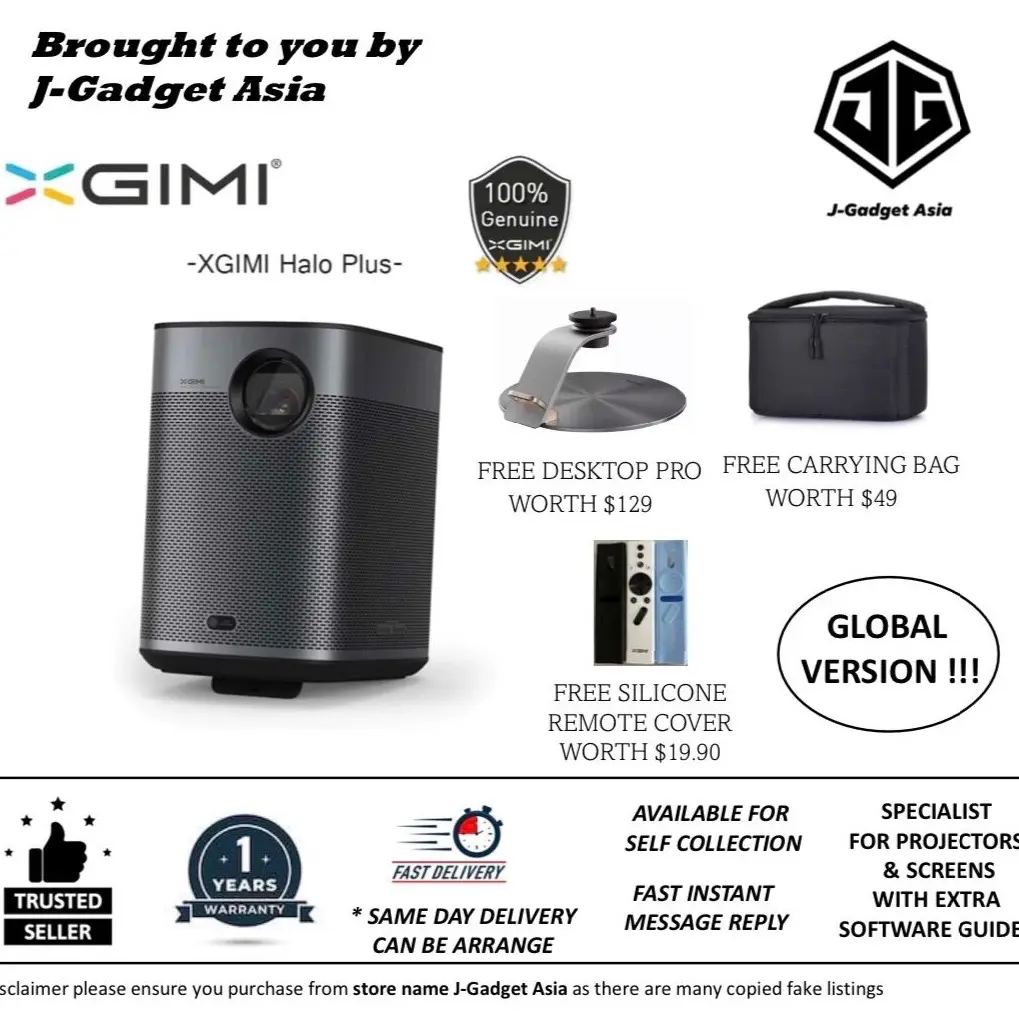 XGIMI HALO + PLUS Smart Projector with Google TV include official Netflix c/w Free Desktop Pro Stand & Carrying Bag (Latest Model) - 1 Year Local Warranty Business Use Home Use DLP Technology Build-in Audio