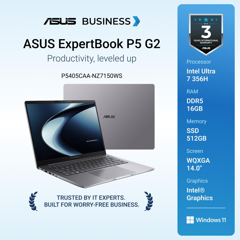 ASUS ExpertBook P5 Gen 2 [P5405CAA-NZ7150WS] ULTRA 7 356H/DDR5 16G/512G 2280 PCIE G4/14.0/IPS/WQXGA (2560x1600)/Win 11 Home/OHS+M365/3CELL 63WH/WIFI6E/1Y CARRY-IN(ADP)+2Y CARRY-IN/Fingerprint/Backlit KB/BACKPACK/CMOS 5M/IR/Mcafee 1Y Windows 11 Home