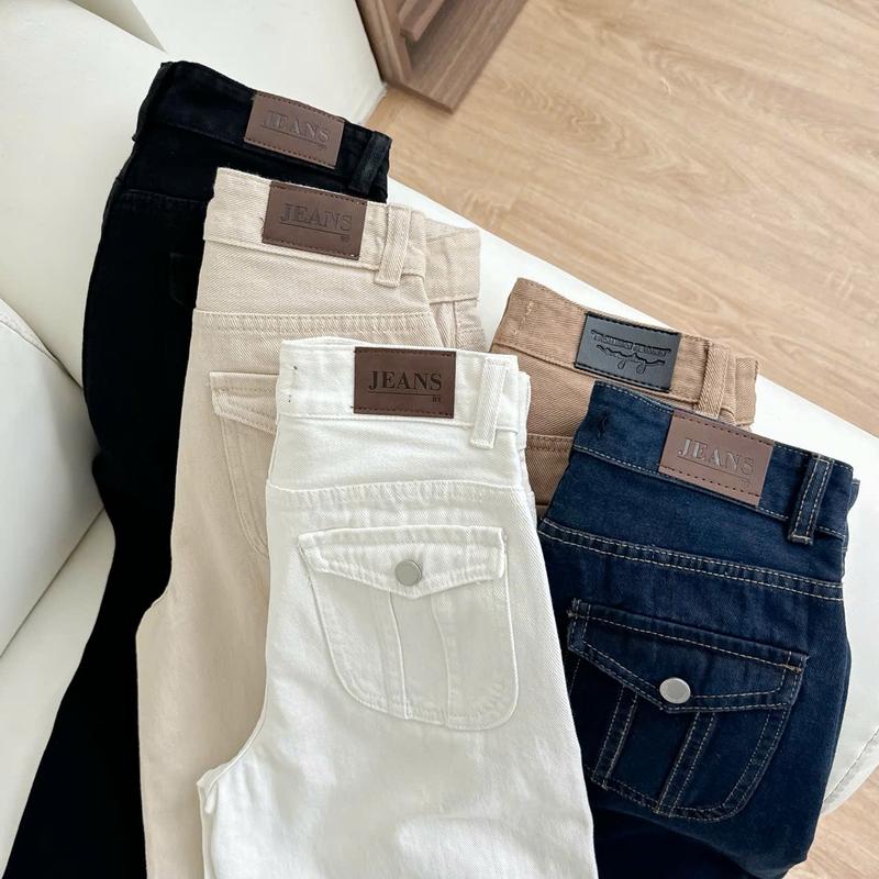 LANVY- Có form nấm - Quần Jeans Suông Nữ Phối Túi Nắp Kiểu Quần Bò Nữ ống suông Cạp Cao Mặc Tôn V3 Chất Vải Mềm Mặc Tôn Dáng ms 401