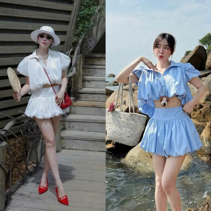 Set nữ áo sơ mi crt cộc tay bồng bí mix chân váy bồng bí dáng ngắn hack dáng  S248_KAZYDRESS