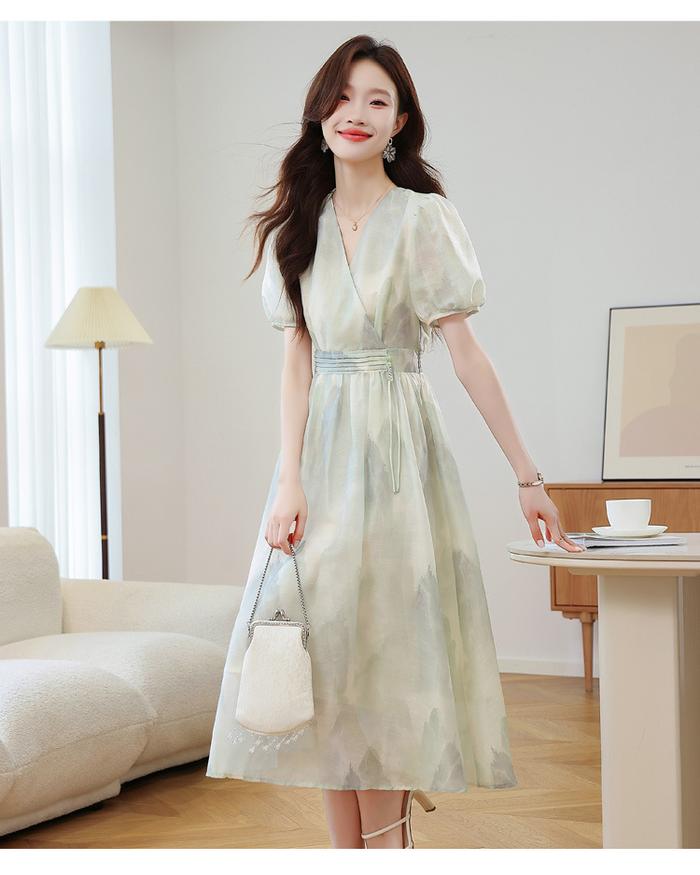 knee length dresses for ladies Wanita Midi Shirt Dress in Green Multi Abstract Print Cotton