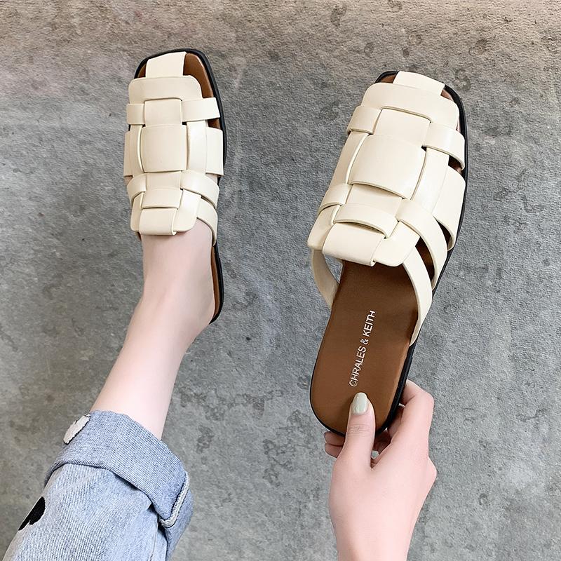 Product Introduction of JINxCHOY SHOES Summer Slip-on Roman Shoes Comfortable All-Matching PU Leather Weaving Closed Toe Low Heel Square Heel Pu Slippers Rubber SS24 4