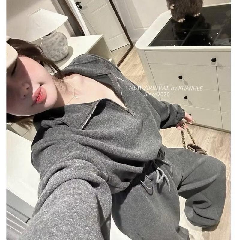  Set bộ áo + quần thêu ngựa set thu đông dài tay cổ kéo khoá chất len lông thỏ bigsize 