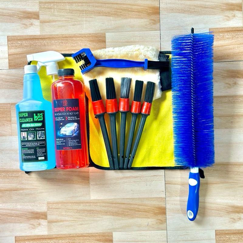 Combo chăm sóc xe Super Clener dung tích 850ml, xà bông 1000ml, chổi 45 kèm dụng cụ rửa xe phụ kiện lau xe