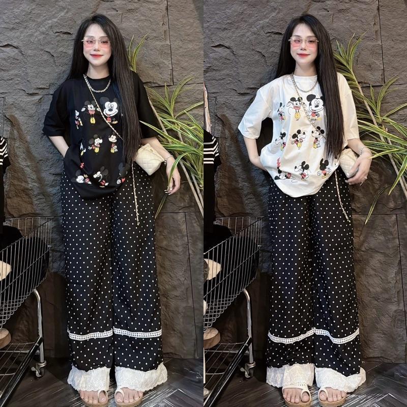  Sét bộ quần dài in hình chấm bi phối ren chân áo tay ngắn in hình mikcey freesize  40kg 65kg  