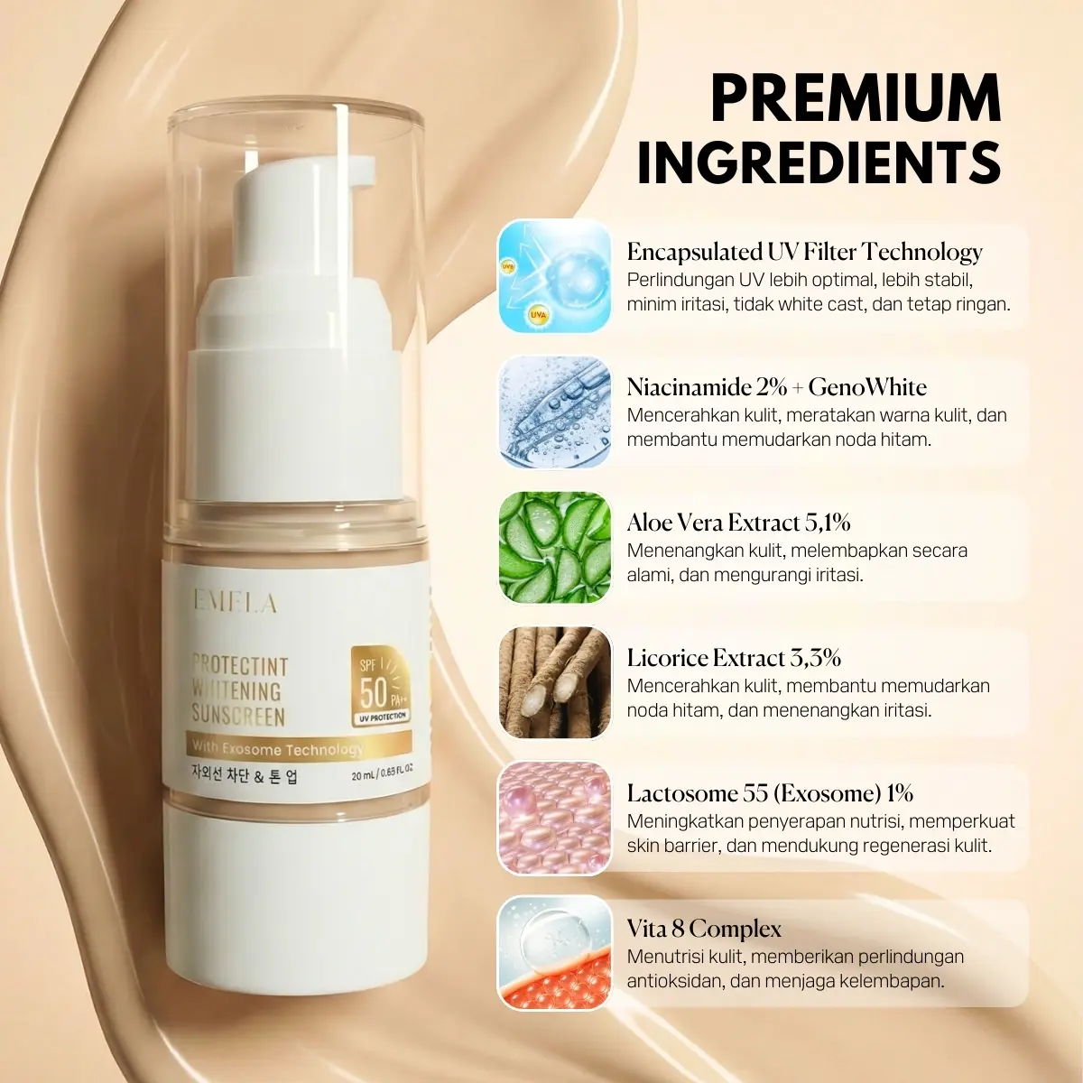 EMELA Protectint Whitening Tinted Sunscreen SPF 50 PA++++ BPOM HALAL 3in1 Hybrid Sunscreen UV Protection, Skincare, Makeup Atasi Kusam Flek Hitam Warna Kulit Tidak Merata