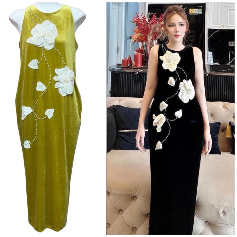 Váy Nhung Hàn_Kết nổi Hoa Leo trắng