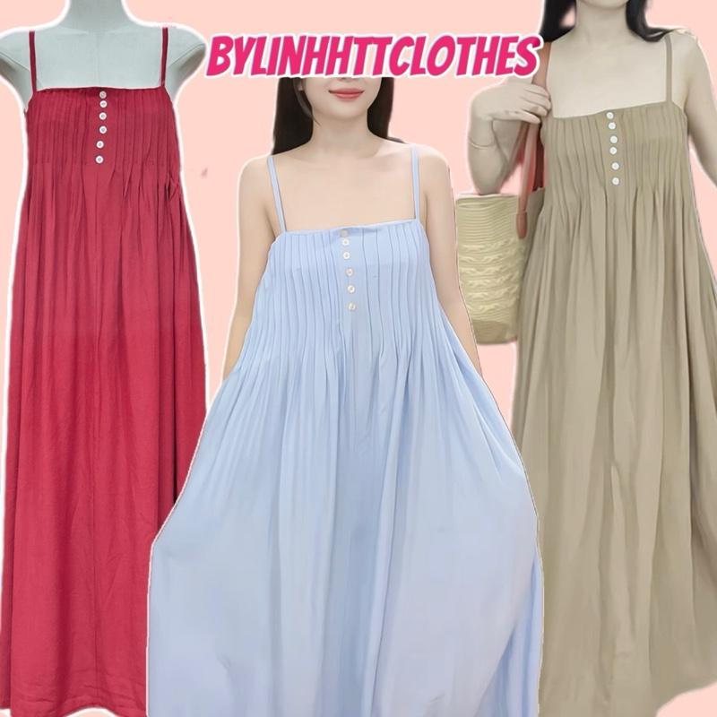 TÚI HAI BÊN - Đầm hai dây xếp ly phối cúc maxi dáng suông chun lưng sang chảnh bầu bí bon chen