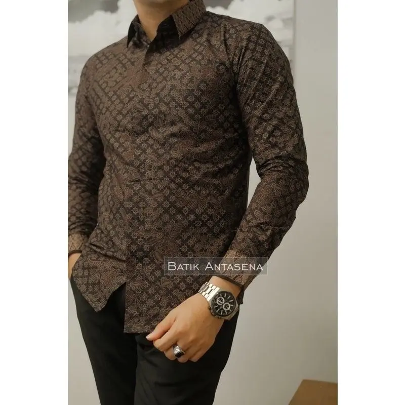Matahari Coklat Baju Kemeja Batik Pria Slimfit Lengan Panjang Lapis Furing Katun