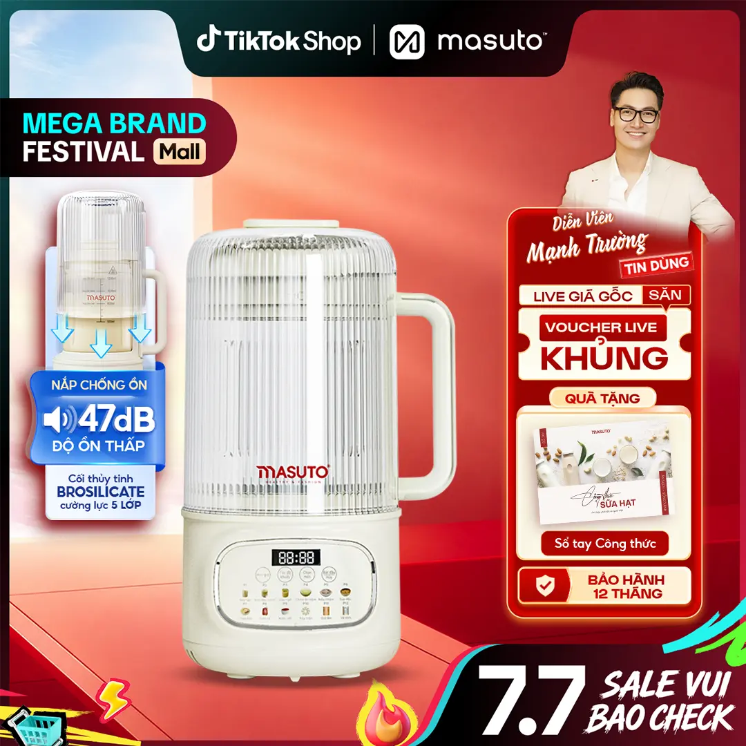 Máy làm sữa hạt Masuto phiên bản thủy tinh chống ồn MSLovePlus - BESTSELLER - Kết hợp thủy tinh cường lực, dung tích cực đại 1.200ml - Xay nhuyễn min, chống trào tốt, Có thể Xay Sinh Tố, Nấu Chậm - Tặng sổ tay công thức. Bảo hành 12 tháng