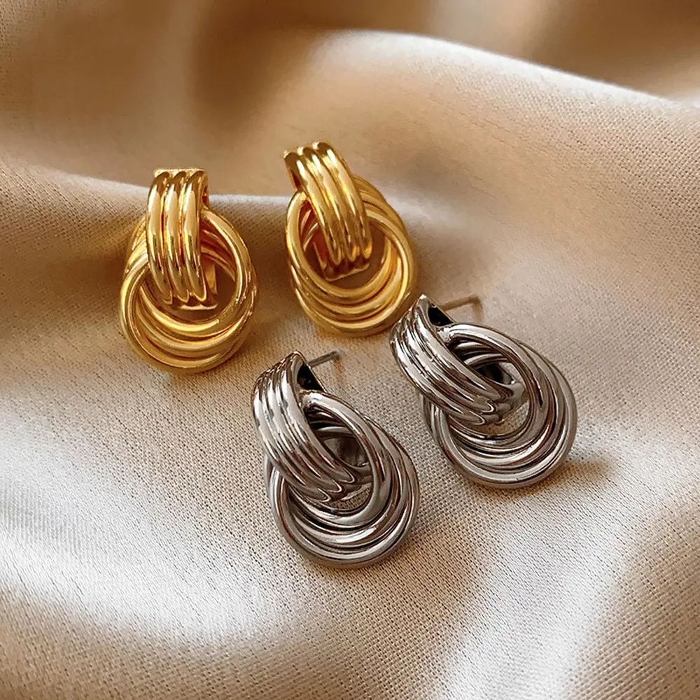 Metallic texture multi circle knotted earrings, trendy European and American style, geometric earrings, creative and personalized women's earrings