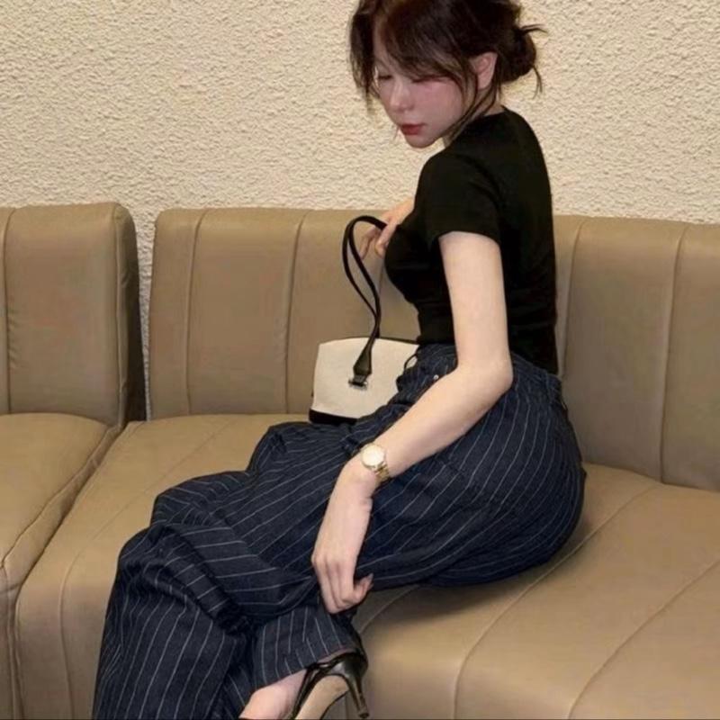   Deal Mở Bán  Quần Suông Kẻ Sọc Vải Tuytsy Phong Cách Trẻ Trung Mẫu Mới 2025 Kiểu Dáng Ống Rộng Thoải Mái Kích Thước Dài 98-100cm Màu Xanh Than Phù Hợp Cho Hoạt Động Hàng Ngày 