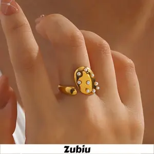 【Zubiu】Cincin baja tahan karat dengan mutiara Cincin Terbuka Emas dan Perak Wanita Y332