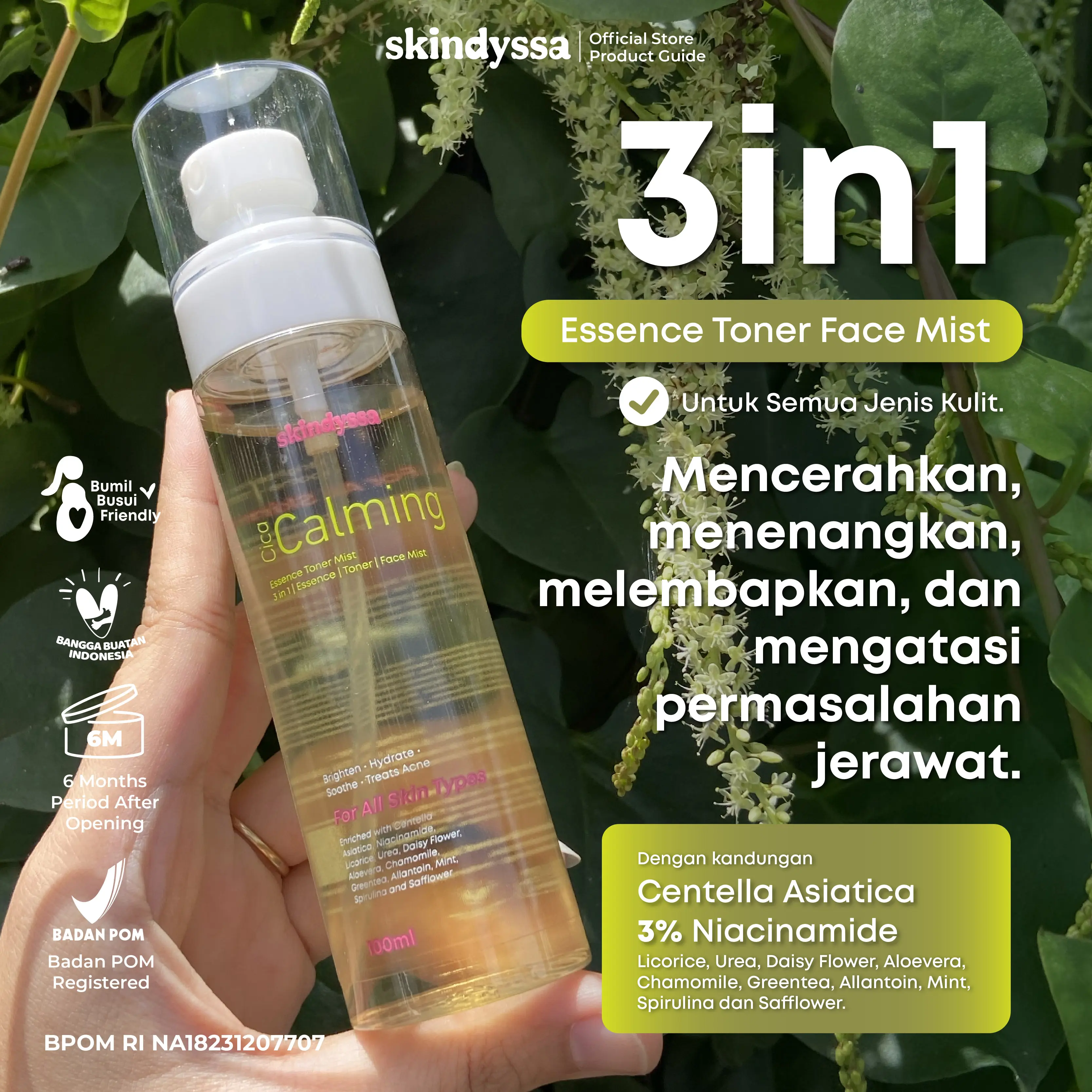 Skindyssa Cica Calming Essence Toner Facemist 3 in 1 | 3% Niacinamide, Centella Asiatica, Greentea, Spirulina, Licorice, Urea | Mencerahkan, Menyegarkan, Melembabkan, Mencegah Jerawat