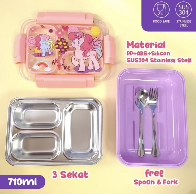 Kiddikiddo Set LUNCHBOX STAINLESS Steel YUMMY BOX SANRIO / KOTAK MAKAN Plastik /BOX BENTO/KOTAK BENTO STAINLESS SANRIO KUROMI MELODY / 3SEKAT Silicon FREE SENDOK GARPU 2