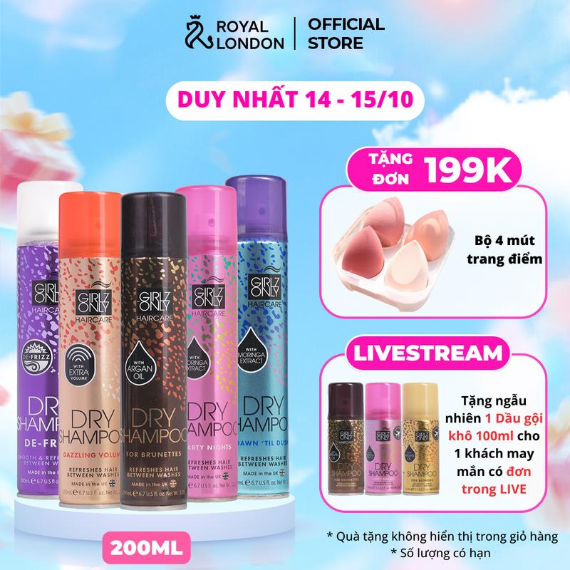 Dầu gội khô Girlz Only 3in1 sạch, phồng, thơm, kiềm dầu hiệu quả, lưu hương 3-4h, xuất xứ Anh Quốc, phù hợp với mọi loại tóc kể cả da đầu nhạy cảm, dung tích 200ml