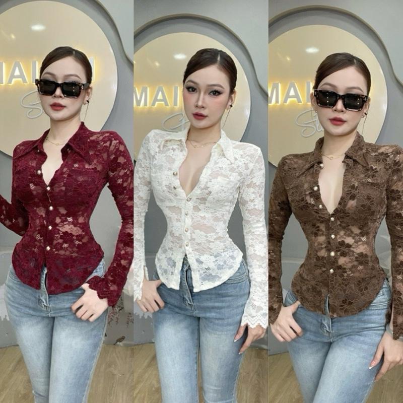  A831 - Áo Sơ Mi Ren Hoa Mai Bùi Store  Không Lót  