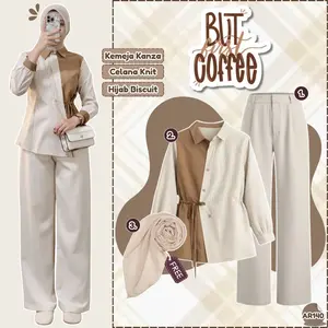 Setelan Wanita 3in1 (Blouse Kanza Salur+Celana Knit+Hijab Biscuit) Ootd Ala Cewek Bumi Simple- AR140