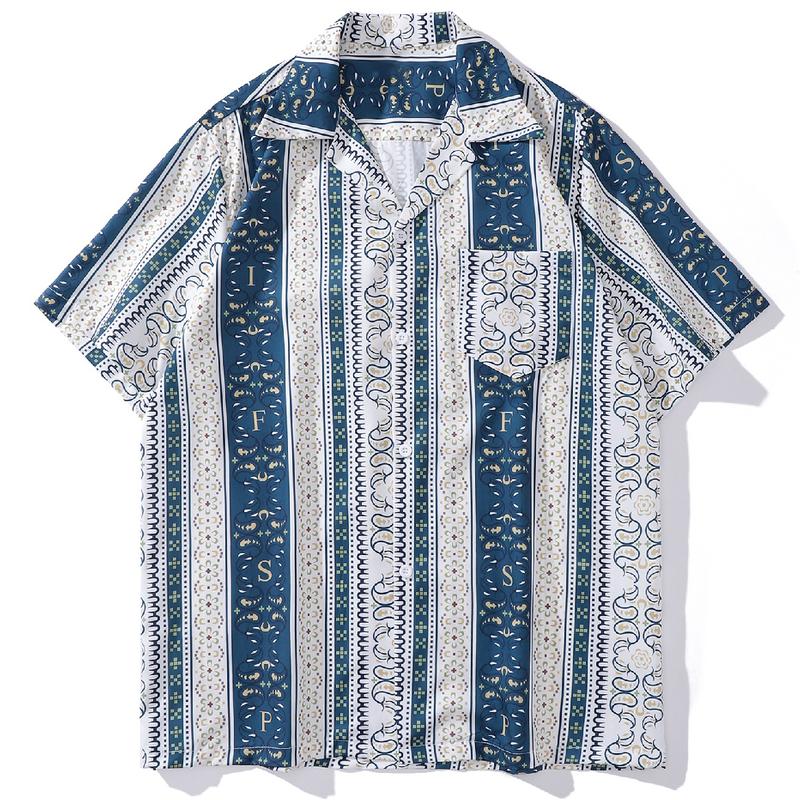 Stretch Fabric Does Not Fade Striped Flowers Batik Modern Pocket Loose Short Sleeve Men's Shirt Kain Pantai 3